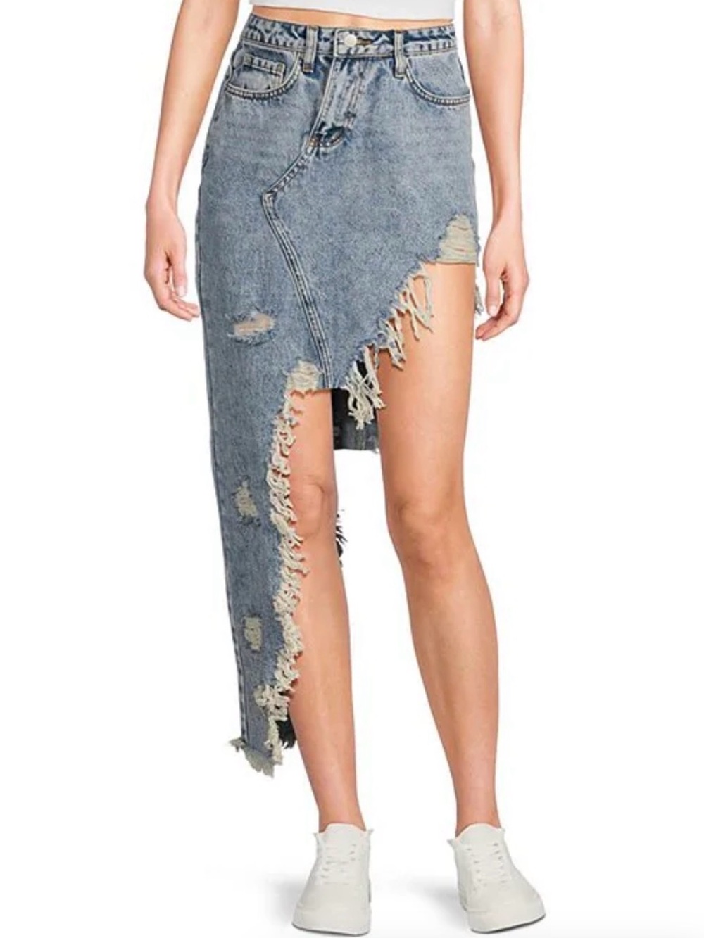 Signature8 Light Blue Asymmetrical Distressed Denim Skirt